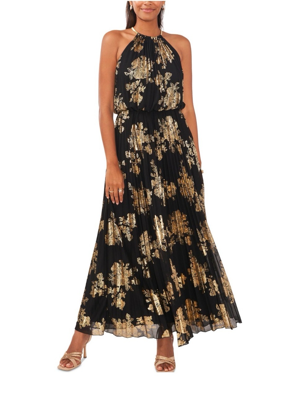 MSK Black Halter Maxi Dress Gown with Gold Floral Foil Print and Gold Necklace